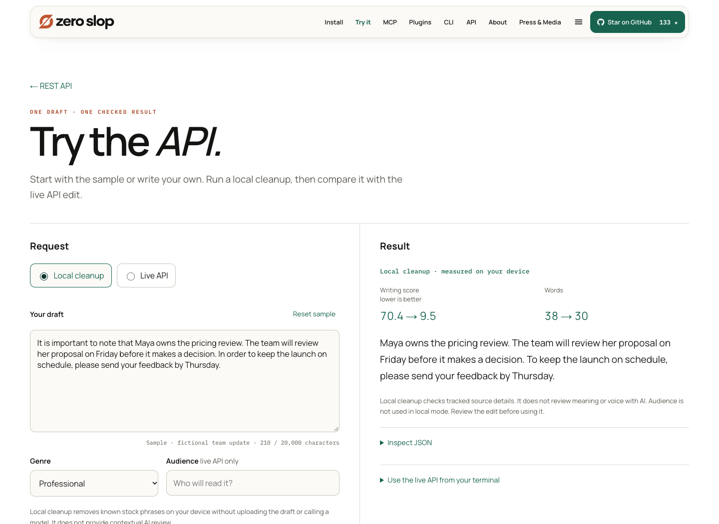 Zero Slop desktop sandbox showing local writing scores and cleanup of a fictional team update